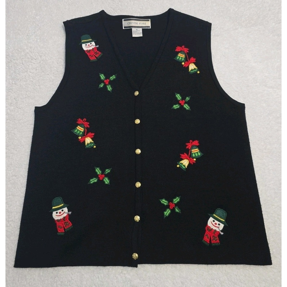 Crystal Kobe XL Ugly Christmas Sweater Vest Gold Buttons Bells Snowman Holly